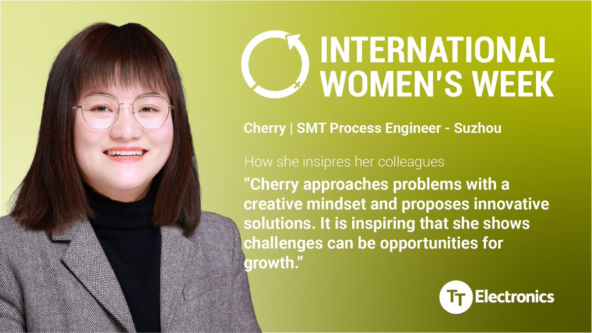 💚As we mark International Women's Week at TT Electronics, we're highlighting the incredible contributions of women who are driving innovation. Cherry Yin's perspective and unique problem-solving approach contribute to more creative solutions.

#IWD2025 #AccelerateAction
