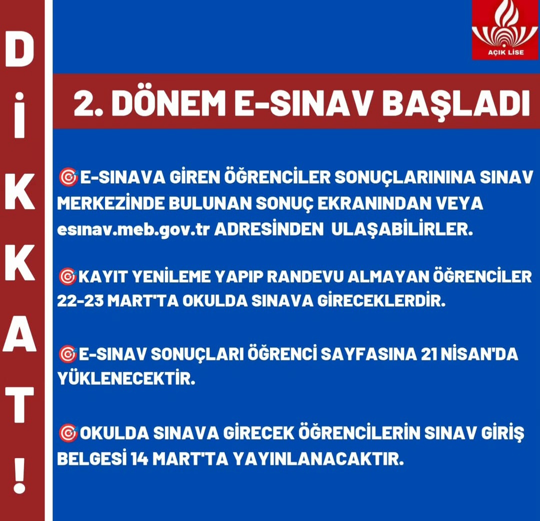 Nuhoğlu Vakfı Ramiz Yıldırım Halk Eğitimi Merkezi (@hayrathem61) on Twitter photo 📢📢📢
♦️Değerli öğrencilerimiz açıköğretim kurumları 2.dönem sınavları;
♦️1.Oturum 22 Mart Cumartesi Saat 10:00'da
♦️2.Oturum 22 Mart Cumartesi Saat 14:00'te
♦️3.Oturum 23 Mart Pazar Saat 10:00'da yapılacaktır.
<a href="/mdemircioglu01/">Mustafa DEMİRCİOĞLU</a>
<a href="/onuryeter61/">Onur YETER 🇹🇷</a>
<a href="/HayratMEM/">Hayrat İlçe Milli Eğitim Müdürlüğü</a> 📢📢📢
♦️Değerli öğrencilerimiz açıköğretim kurumları 2.dönem sınavları;
♦️1.Oturum 22 Mart Cumartesi Saat 10:00'da
♦️2.Oturum 22 Mart Cumartesi Saat 14:00'te
♦️3.Oturum 23 Mart Pazar Saat 10:00'da yapılacaktır.
<a href="/mdemircioglu01/">Mustafa DEMİRCİOĞLU</a>
<a href="/onuryeter61/">Onur YETER 🇹🇷</a>
<a href="/HayratMEM/">Hayrat İlçe Milli Eğitim Müdürlüğü</a>