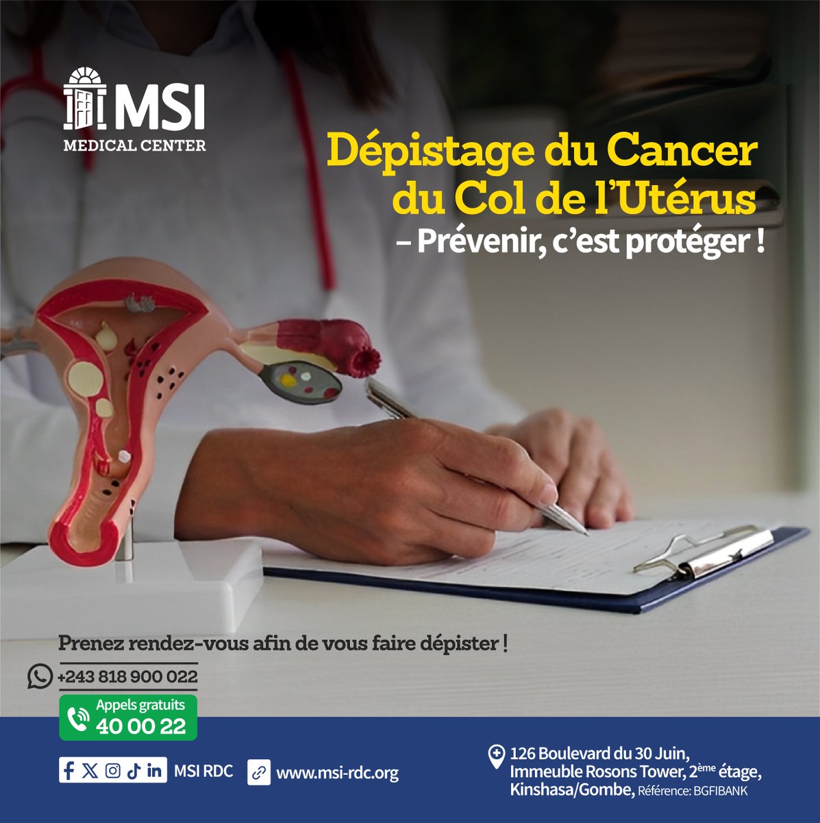 Le cancer du col de l’utérus est l’un des plus fréquents chez les femmes, mais il peut être évité grâce au dépistage.

📞 Appelez gratuitement le 40 00 22pour en savoir plus sur le dépistage.
#DépistageCancerCol #SantéDesFemmes #MSIRDC #Appelez400022