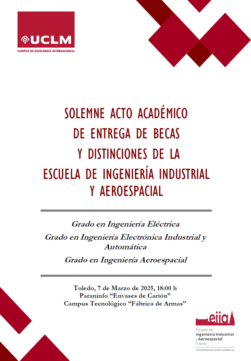 ✨🎓 Hoy es un día muy especial para la @EIIA_To. A las 18.00 h celebraremos el acto de entrega de becas y distinciones a nuestros graduados en Ingeniería Eléctrica, Electrónica Industrial y Automática, y Aeroespacial.
🖥️youtube.com/watch?v=u7tSDi…
