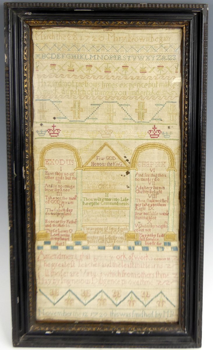 LacyScottKnight's tweet image. Between March & November in the year 1720, the talented Mary Brown worked on this embroidery sampler containing Biblical verses including the ten commandments within a structural column design, mottoes, alphabet and decorative dividers bit.ly/4kw3Xd7