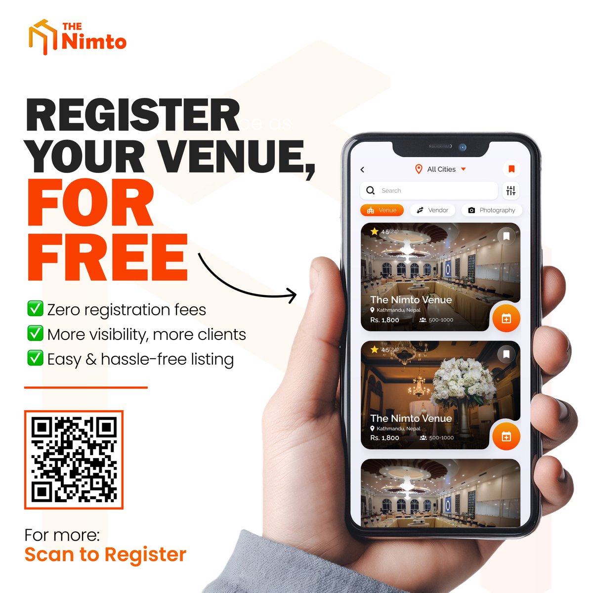 TheNimto's tweet photo. Own a Venue? List it on The Nimto for FREE!

Get more bookings and reach thousands of event planners effortlessly. Register your venue today!

Sign up now or scan &amp; start getting bookings!

https://t.co/EZM3AvnDVs

#TheNimto #EventPlanning #VenueListing https://t.co/ZlEuw1KVER