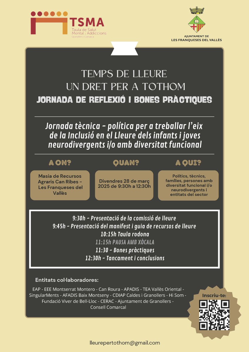 Autisme la Garriga (@autismegarriga) on Twitter photo La Taula de Salut Mental de Granollers i comarca, en la que participa #CERAC, organitza unes jornades el proper 28 de març, amb el lema “TEMPS DE LLEURE, UN DRET PER A TOTHOM: JORNADA DE REFLEXIÓ I BONES PRÀCTIQUES” a l’ <a href="/lesfranqueses/">Ajuntament de les Franqueses</a>
Inscripcions: docs.google.com/forms/d/1zQ2Ws… La Taula de Salut Mental de Granollers i comarca, en la que participa #CERAC, organitza unes jornades el proper 28 de març, amb el lema “TEMPS DE LLEURE, UN DRET PER A TOTHOM: JORNADA DE REFLEXIÓ I BONES PRÀCTIQUES” a l’ <a href="/lesfranqueses/">Ajuntament de les Franqueses</a>
Inscripcions: docs.google.com/forms/d/1zQ2Ws…