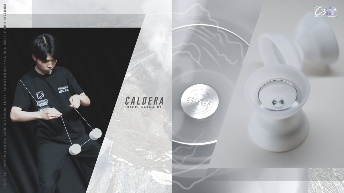 C3yoyodesign's tweet photo. ◥◣＿＿＿＿＿＿＿＿＿＿＿＿＿＿◢◤
                      Kaoru Nakamura
               Signature Offstring Yoyo
                     🌋"CALDERA" 🌋
◢◤￣￣￣￣￣￣￣￣￣￣￣￣￣￣◥◣

Introducing the "CALDERA" the first signature offstring yoyo of Kaoru Nakamura! 

2X Japan 4A Champion, 2X Online World Yoyo Contest 4A Champion, and World Yoyo Contest 4A 2nd place, representing Team C3 Japan!

Pre-release on March 9th at the #rw15th event, with a worldwide drop coming soon!

#c3yoyodesign #c3caldera #ヨーヨー