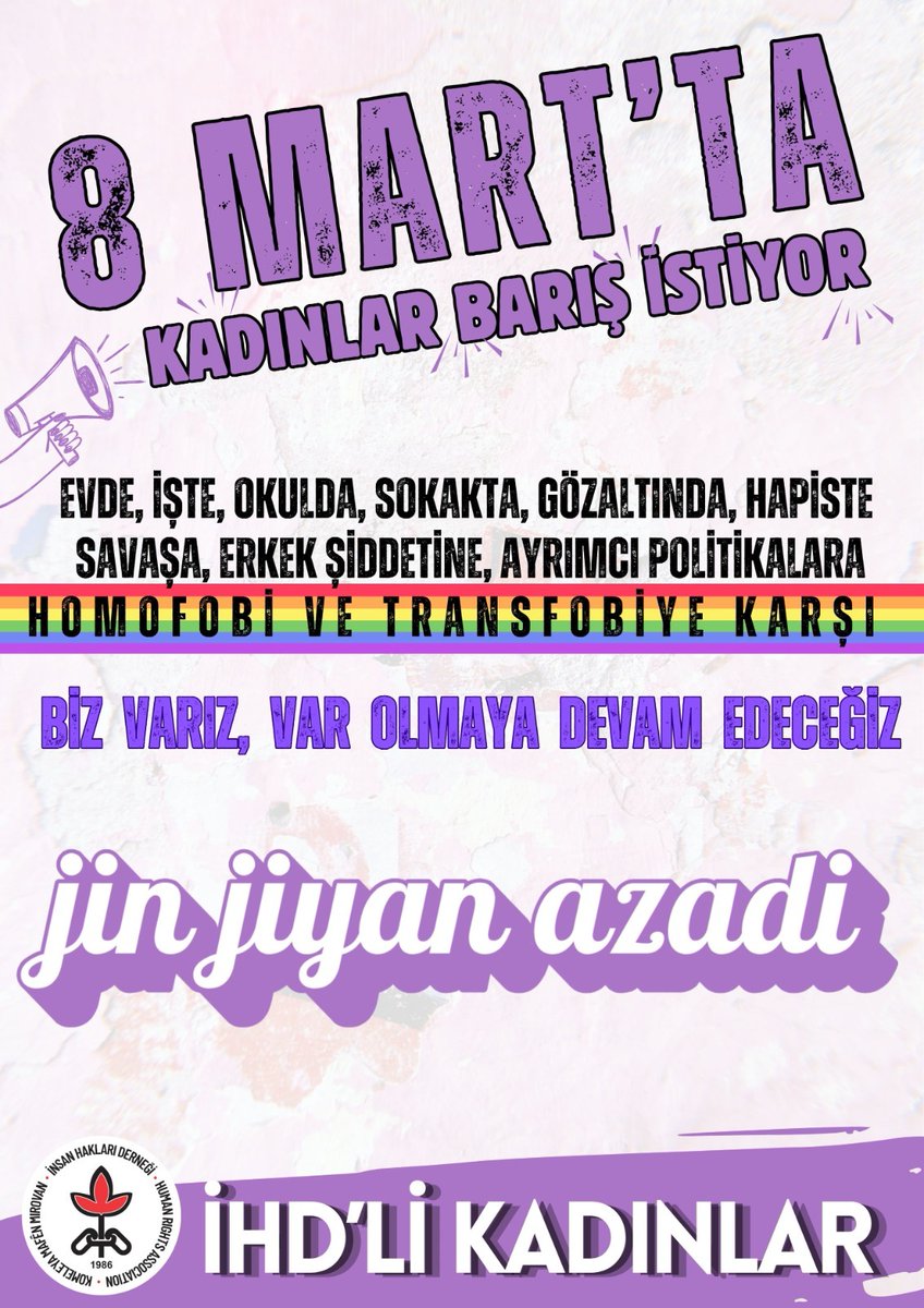 Kadınlar Barış İstiyor!

Kadınlar 8 Mart’ta da barış, özgürlük ve adalet için seslerini yükseltiyor! Cezasızlığa, hak ihlallerine ve erkek egemen düzene karşı mücadelemiz sürüyor. 

Biji 8’ê Adarê !

Açıklama:
ihddiyarbakir.org/tr/basin-acikl…