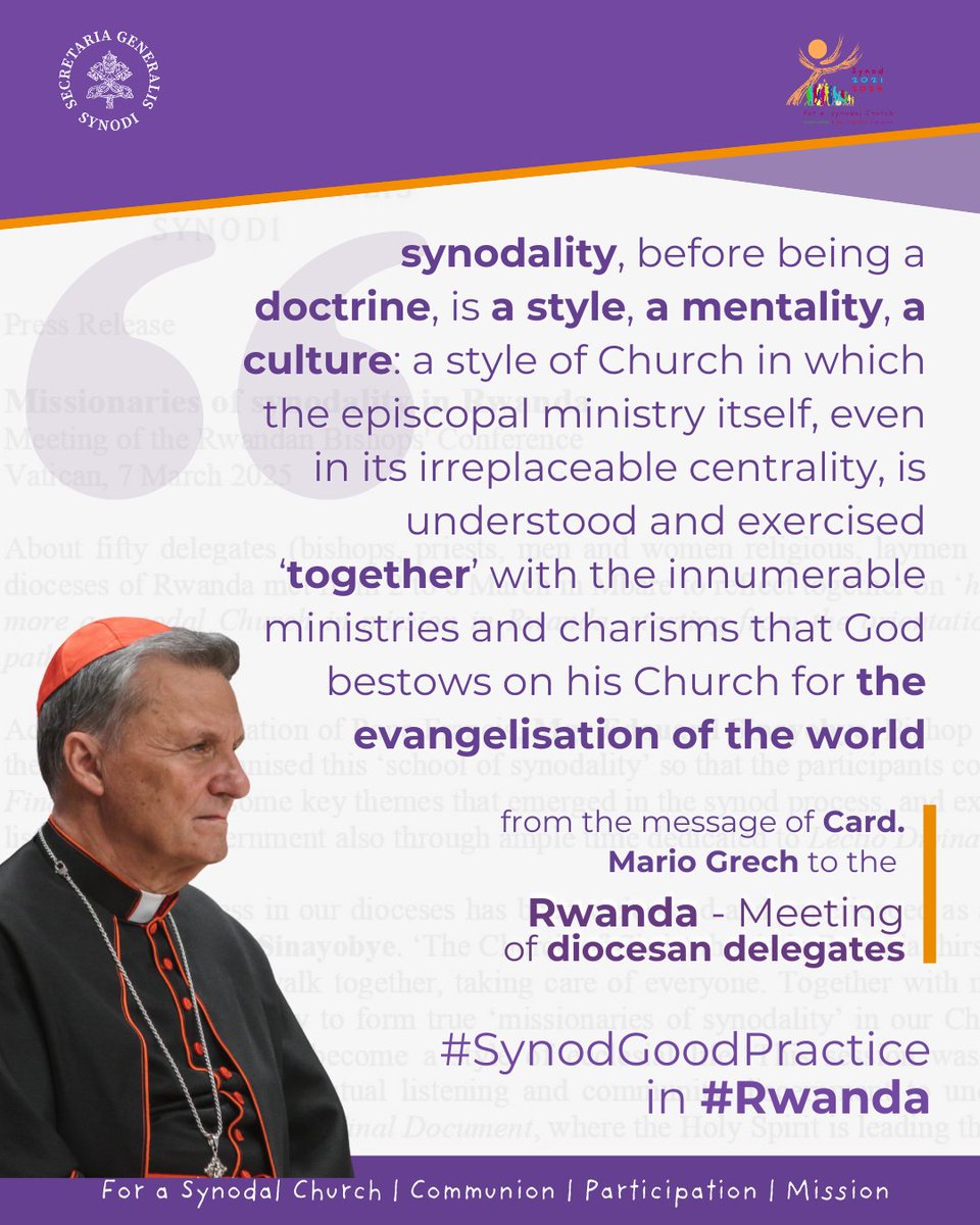 In a message addressed to the delegates of all Rwanda dioceses who gathered to deepen #synodality in Mbare, Cardinal Mario Grech recalled how “the Synod on Synodality is not over, indeed in many respects it is now embarking on its main phase”.more👉synod.va #synod