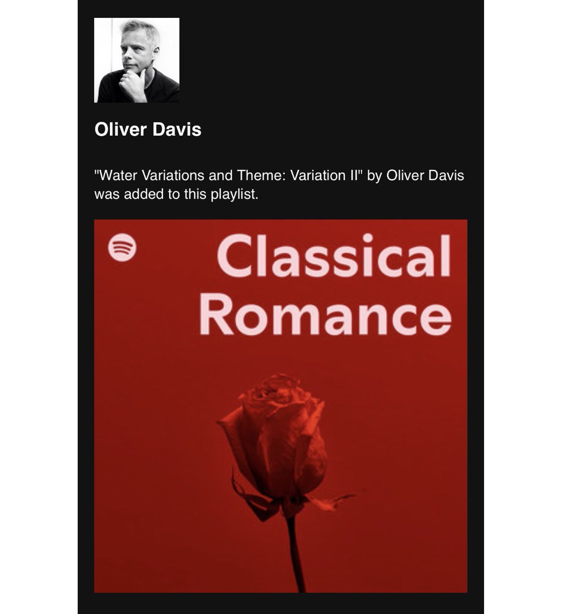 Oliver Davis Music (@oliverdavismus) on Twitter photo Great to be added to Spotifyβs Classical Romance playlist! <a href="/SignumRecords/">Signum Classics</a> <a href="/WiseMusicGroup/">Wise Music Creative US</a> <a href="/orchtweets/">The Orchard</a> Great to be added to Spotifyβs Classical Romance playlist! <a href="/SignumRecords/">Signum Classics</a> <a href="/WiseMusicGroup/">Wise Music Creative US</a> <a href="/orchtweets/">The Orchard</a>