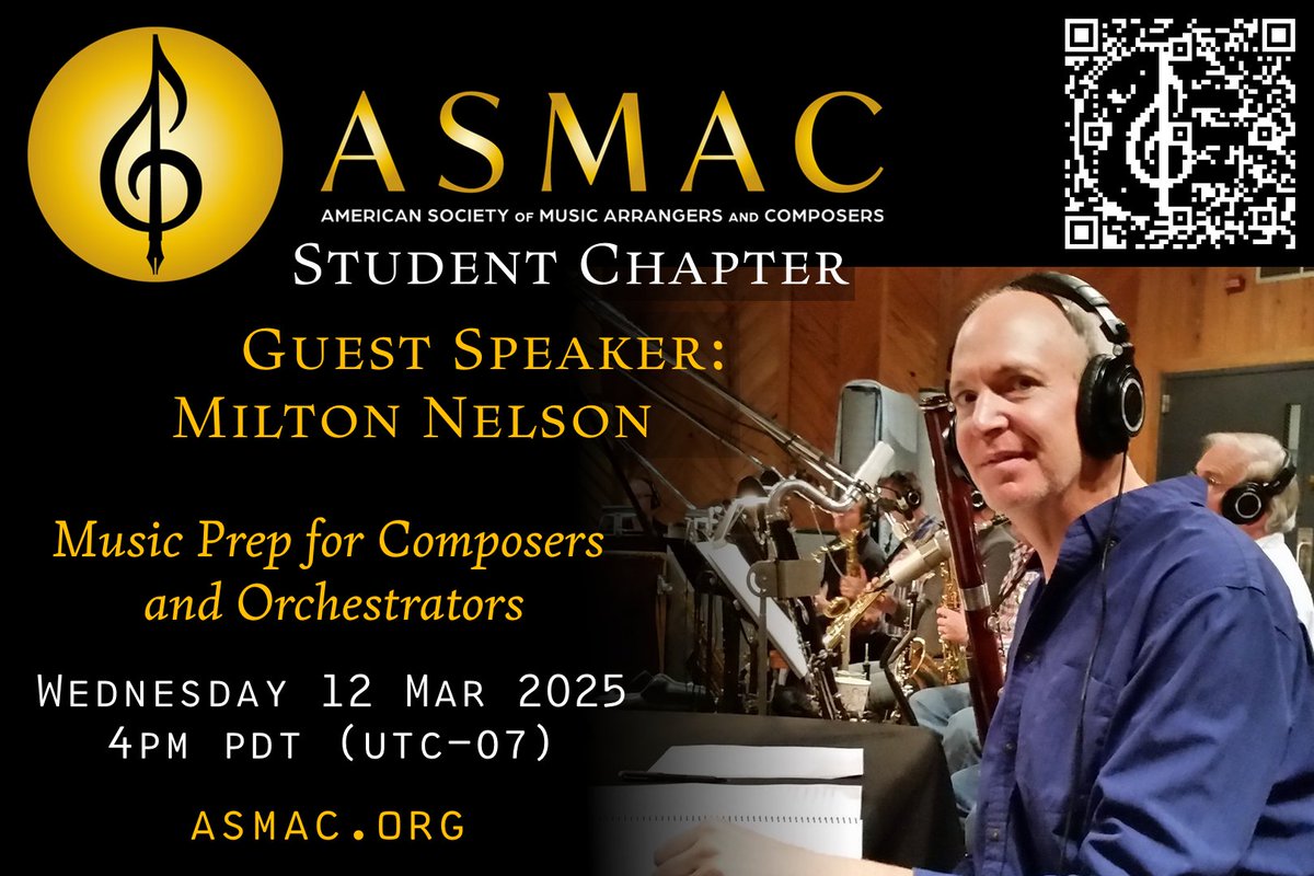 ASMAC Student Chapter: Milton Nelson
Music Prep for Composers &amp; Orchestrators

Wed 12 Mar 2025, 4pm PDT (UTC-07)
Free &amp; Online
Register here:
buff.ly/BsrNhqi

#ASMAC #musicprep #scoreprep #MiltonNelson #orchestrator #composer #AmericanSocietyofMusicArrangersandComposers