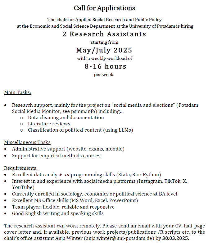 Jasper Tjaden (@jaspertjaden) on Twitter photo Looking for RA's based in Potsdam/Berlin! <a href="/unipotsdam/">Universität Potsdam</a> <a href="/Hertie_DSLab/">Hertie School Data Science Lab</a> Looking for RA's based in Potsdam/Berlin! <a href="/unipotsdam/">Universität Potsdam</a> <a href="/Hertie_DSLab/">Hertie School Data Science Lab</a>