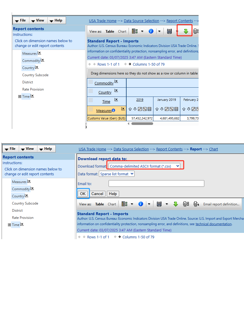 안물안궁.
Census. gov에서 상품별 수입/수출 월별 데이터 찾아 보기

1. usatrade.census.gov 에서 가입하고 로긴

2. Measure에서 맨 위 Custom Value 선택
Commodity에서 귀금속을 선택했음(원하는 대로)

3. Commodity 에서 하위 분류 선택 및 Country에서 전세계 선택

4. Time에서 원하는