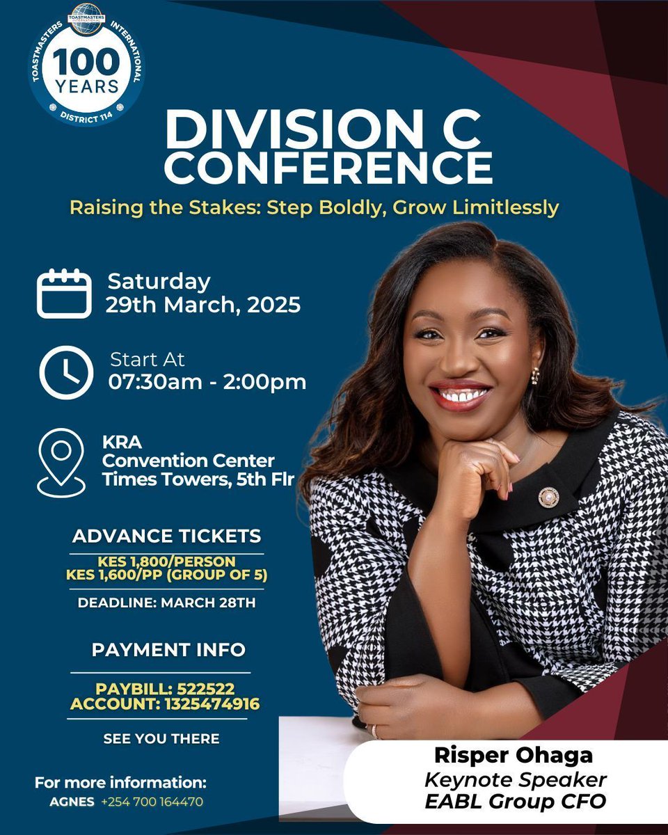 Join us for the Division C District 114 contests! 

We have in store thrilling contest speeches and a memorable keynote speech by Risper Ohaga, Group Chief Finance Officer and Executive Director for East African Breweries Plc.

 🔗 Register: buff.ly/5p1pXd9  🚀