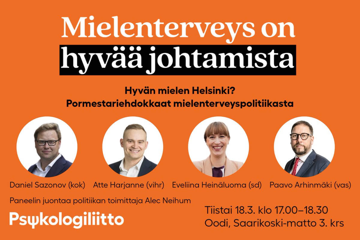 Psykologiliitto järjestää eri alueilla vaalipaneeleja ennen alue- ja kuntavaaleja. Ensimmäisenä vuorossa on 18.3. Helsinki, jossa kaupungin neljän suurimman puolueen pormestariehdokkaat pääsevät vastaamaan mielenterveyspolitiikasta Oodissa psyli.fi/tapahtumat/alu…