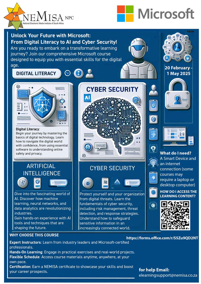 Are you ready to embark on a transformative learning journey with Microsoft courses?

Do not miss out on the following courses:
· Digital Literacy
· Artificial Intelligence
· Cyber Security

These comprehensive online Microsoft courses are designed to equip you with essential