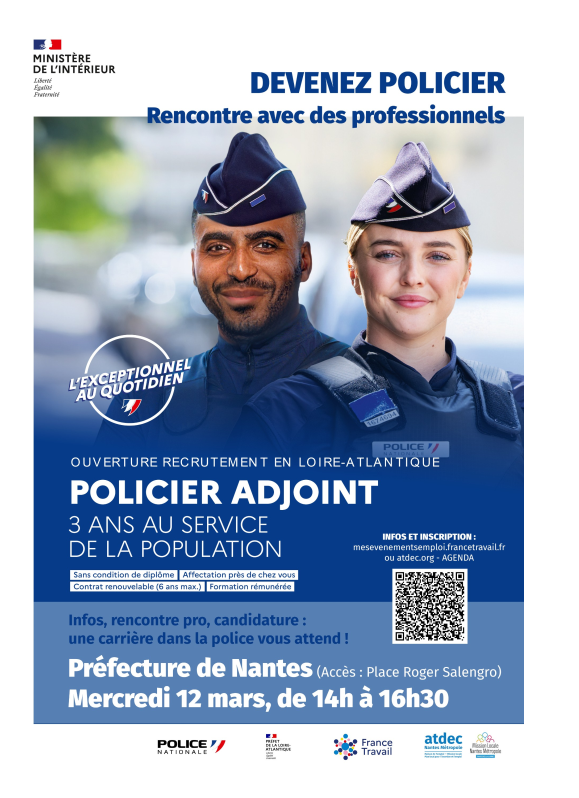 #Recrutement | Devenez policier adjoint en Loire-Atlantique ! Concours exceptionnel : aucune limite de lauréats et affectation garantie en Loire-Atlantique. 

👉 Rencontre avec des professionnels !
📅Mercredi 12 mars
🕒14h - 16h30  
📍Préfecture
➕police-nationale.interieur.gouv.fr/nous-rejoindre…