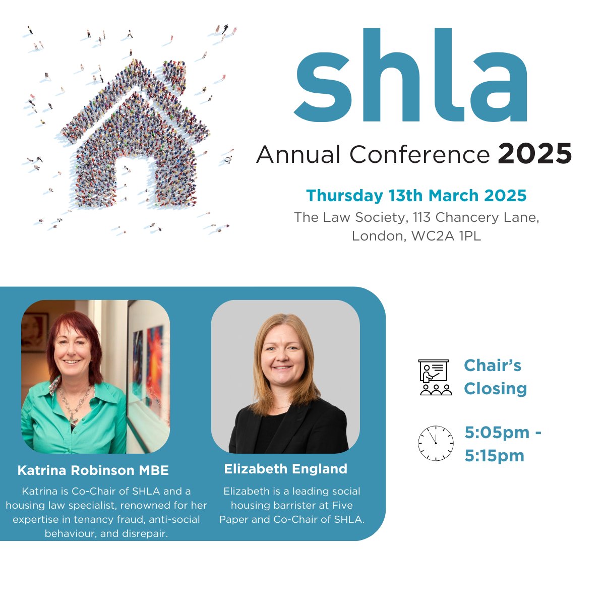 🔹Closing the #SHLAConference2025🔹  

As the conference wraps up, Co-Chairs Katrina Robinson MBE &amp; Elizabeth England will share key takeaways, thank our incredible speakers &amp; look ahead to the future of social housing law.  

Book Here: shla.org.uk/book-shla-2025…