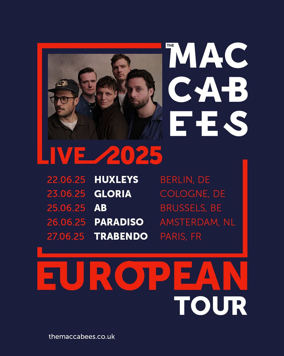 Our European tour 2025 is on general sale NOW!!!  We didn’t think we’d be ever be back playing these places, so we intend to make them as special as possible. 

See you out in Europe, go go go and good luck getting tickets.

The Maccabees x

maccabees.lnk.to/EUTourTicketsNS