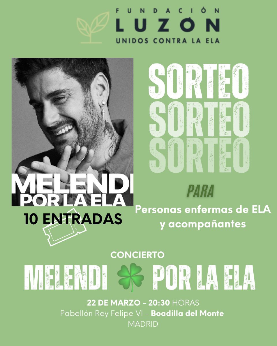 📣Te recordamos que sorteamos 10 entradas para el concierto benéfico 🎤#melendiporlaela para personas diagnosticadas con #ela y sus acompañantes.
📅22 de marzo de 2025
🕤 20:30 horas
📍Pabellón Rey Felipe VI - Boadilla del Monte
Participa y mucha suerte 🍀🍀🍀