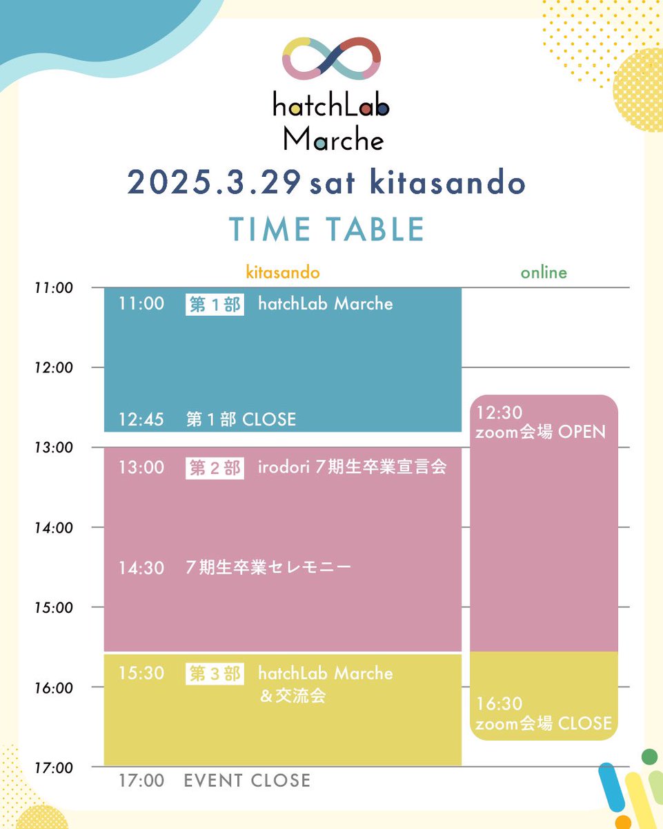 hatchLab_jp's tweet image. ⏰タイムテーブル公開！⏰
いよいよあと22日に迫った #hatchLabMarche ✨️
当日のタイムテーブルが完成しました～！！👏
ちょっと覗きに行きたいあなたも
1日めいいっぱい遊んじゃうよ！というあなたも
みんなが楽しめるイベントです！
 
来場申し込みはツリーのリンクから⬇️