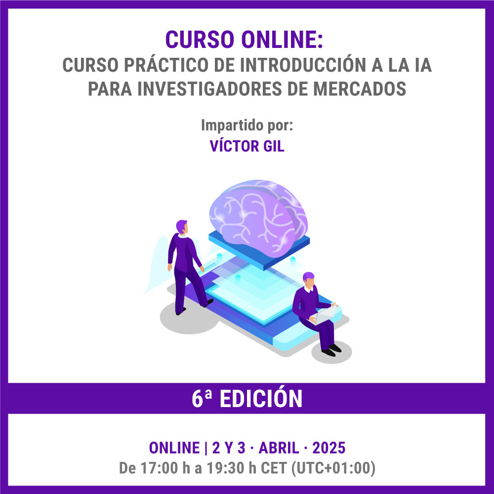 📣Cursos de <a href="/ia_asociacion/">Insights + Analytics España</a>

➡️Creación de avatares virtuales con HeyGen para la presentación de resultados
📆18 marzo
🔗Más info: bit.ly/3XrbNL9

➡️Curso práctico de introducción a la IA para investigadores de mercados
📆2 y 3 abril
🔗Más info: bit.ly/3FaLFht