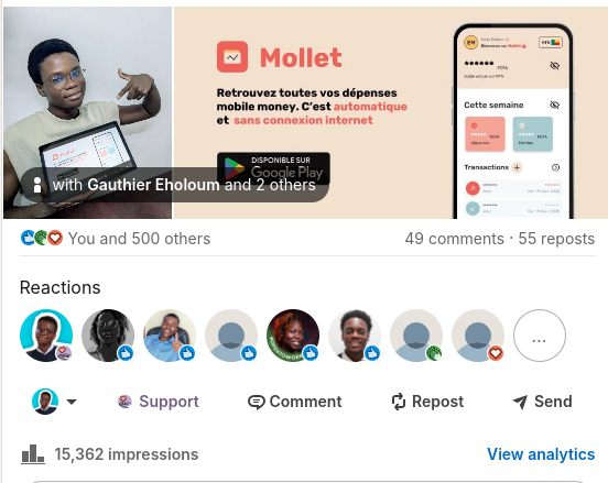 Update #1 sur <a href="/Mollet_app/">Mollet - Finances pour GenZ</a> :

Actuellement Mollet sur le PlayStore a eu près de 250 téléchargements. Ce chiffre a pu être atteint grâce à un poste que j'ai fait sur LinkedIn qui a eu +15k d'impressions. C'est pas mal quand même on va dire.