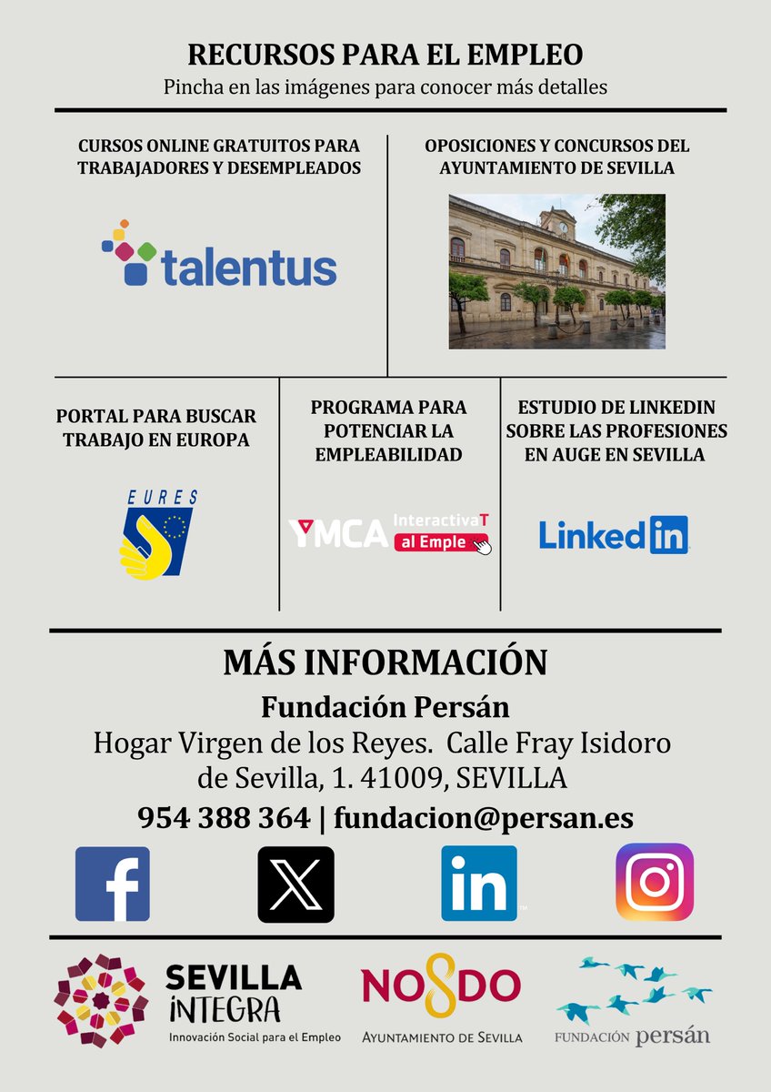 FundPersan's tweet photo. Boletín del mes de marzo del programa #SevillaIntegra con #cursos, ofertas de #trabajo y recursos para el #empleo. Para empadronados en #Sevilla en los CP 41008, 41009 y parte de la Bachillera.
Accede a la publicación completa en el siguiente enlace: https://t.co/iuLvdQRV0c https://t.co/xZYcFDMnr5