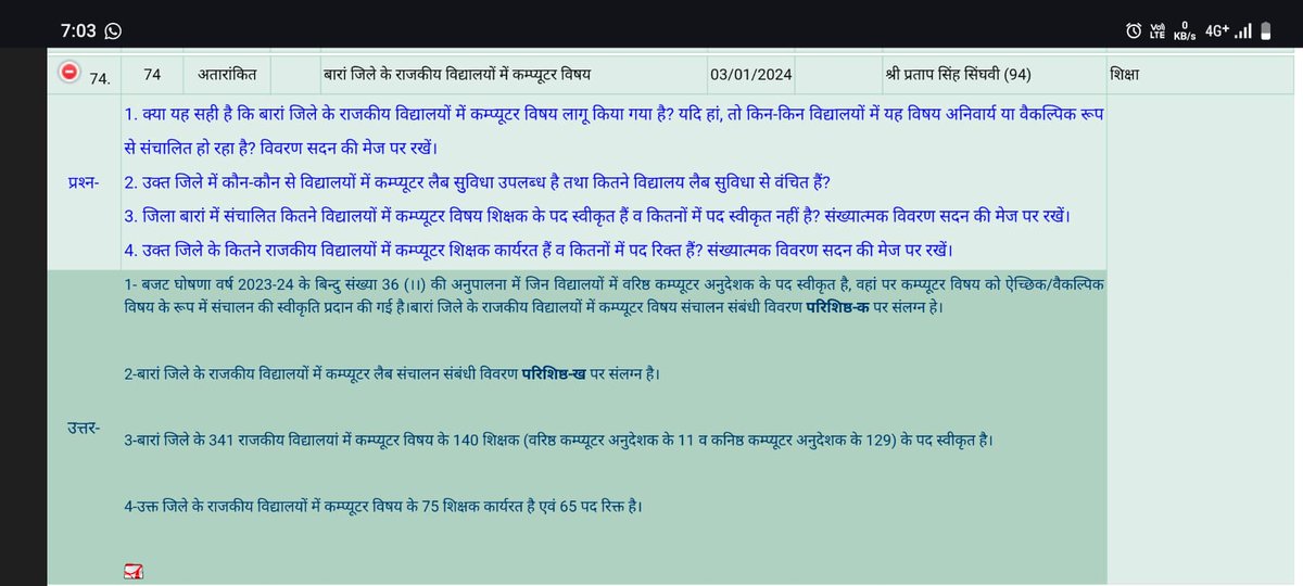 Pooja sharma (@poojash60023092) on Twitter photo बहुत ही शर्म की बात है 🙏 #राजस्थान के शिक्षा विभाग की हालत देख के बहुत दुख होता है। राजस्थान में कंप्यूटर शिक्षक ही नहीं है , अगर पढ़ाना हो तो कंप्यूटर अनुदेशक ही शिक्षक है और सवाल करो तो कोई कंप्यूटर शिक्षक नहीं है।
<a href="/1stIndiaNews/">First India News</a> <a href="/News18Rajasthan/">News18 Rajasthan</a> <a href="/PankajP250/">Pankaj Sharma🇮🇳</a> <a href="/rajeduofficial/">Dept of Education, Rajasthan</a> बहुत ही शर्म की बात है 🙏 #राजस्थान के शिक्षा विभाग की हालत देख के बहुत दुख होता है। राजस्थान में कंप्यूटर शिक्षक ही नहीं है , अगर पढ़ाना हो तो कंप्यूटर अनुदेशक ही शिक्षक है और सवाल करो तो कोई कंप्यूटर शिक्षक नहीं है।
<a href="/1stIndiaNews/">First India News</a> <a href="/News18Rajasthan/">News18 Rajasthan</a> <a href="/PankajP250/">Pankaj Sharma🇮🇳</a> <a href="/rajeduofficial/">Dept of Education, Rajasthan</a>