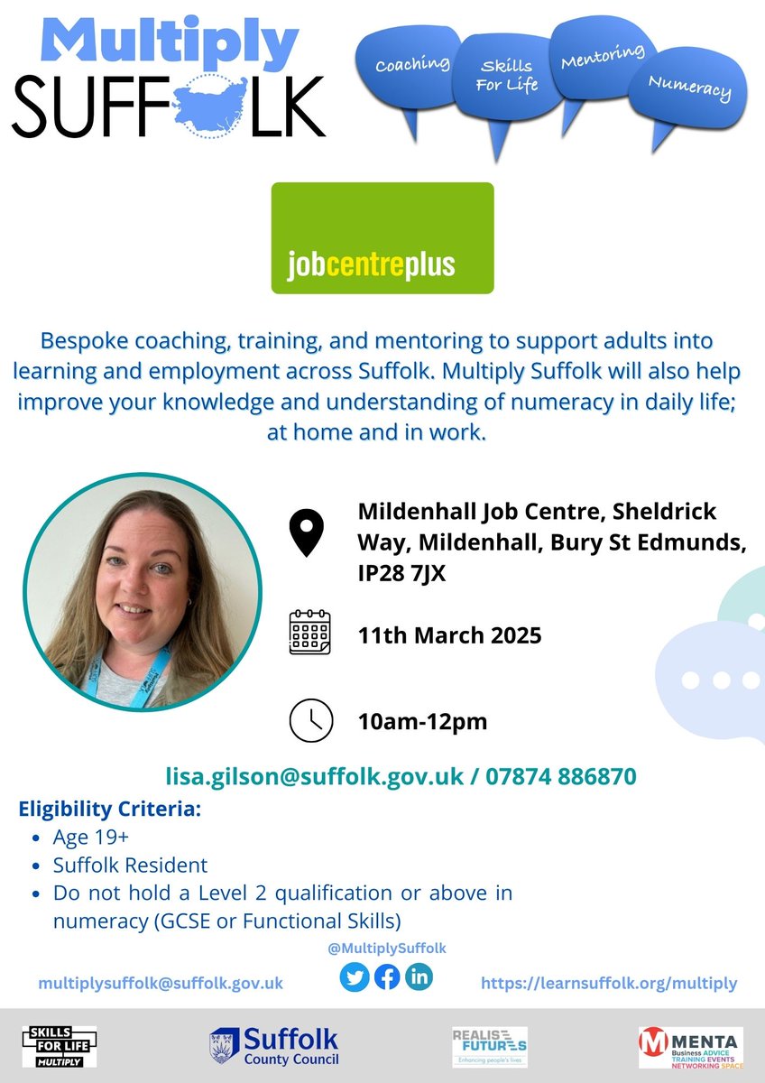 Multiply Suffolk (@multiplysuffolk) on Twitter photo Lisa will be at the Mildenhall Job Centre, 10am-12pm, speaking to customers about the free support we can offer, including money management, budgeting and job-related numeracy. Speak to your allocated work coach to find out more.
<a href="/DWP_EastAnglia/">JCP East Anglia DM</a>
#Multiply Lisa will be at the Mildenhall Job Centre, 10am-12pm, speaking to customers about the free support we can offer, including money management, budgeting and job-related numeracy. Speak to your allocated work coach to find out more.
<a href="/DWP_EastAnglia/">JCP East Anglia DM</a>
#Multiply
