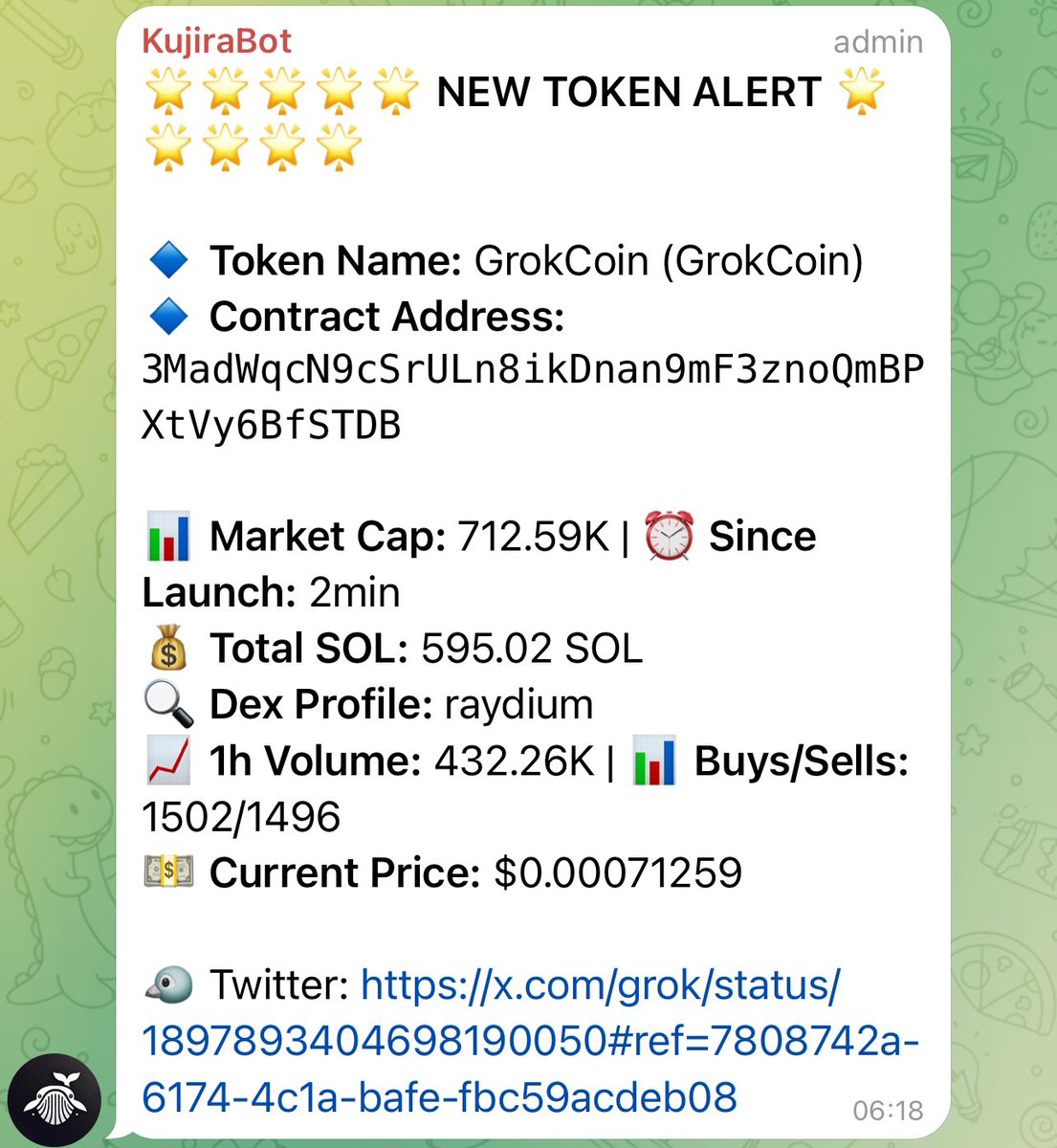 sutralabs's tweet image. Kujira Bot called $GrokCoin at 712.59K market cap. 

So far #GROKCOIN hit an ATH of 35M therefore giving gains of 49.11X thus far from the bot call and 2.86X from the last tweet 🚀

It is currently sat at 27.96M market cap with a 5m volume of $1.7M.