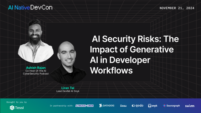Generative AI brings incredible opportunities, but what about the risks? 🔐 <a href="/liran_tal/">Liran Tal</a> and <a href="/hashishrajan/">Ashish Rajan 🤴🏾</a> explored AI's potential security threats in the dev ecosystem at AI Native DevCon 2024. 
Catch the session replay now!  tessl.co/4fHXqIX
#AINativeDev