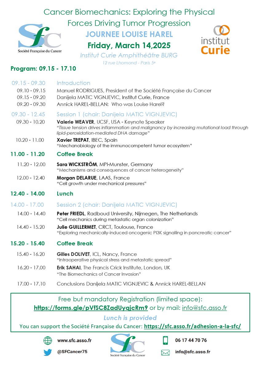 Vous pouvez encore vous inscrire pour la Journée Louise Harel du vendredi 14/03/2025 organisé par la SFC à <a href="/institut_curie/">Institut Curie</a> = "Cancer Biomechanics: Exploring the Physical Forces Driving Tumor Progression" avec Valerie Weaver <a href="/UCSF/">UC San Francisco</a> comme Keynote : forms.gle/pVfSC8ZadUyqjc…