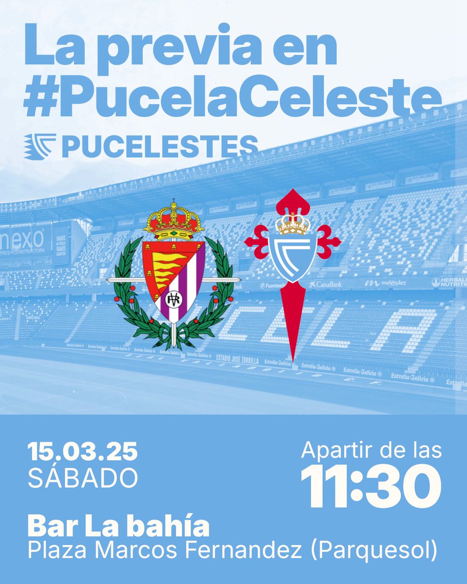 📢 ¡PREVIA EN #PucelaCeleste! 

⏰ Sábado desde las 11h30
🍻 Bar Bahía
📍 Plaza Marcos Fernández (Parquesol)
🚶‍♂️ A 15 min del estadio y del parking del Carrefour

¡Non faltedes, celtistas! Non nos queren dentro do estadio, pero terannos fóra. Facémonos escoitar en Valladolid! 🔥💪