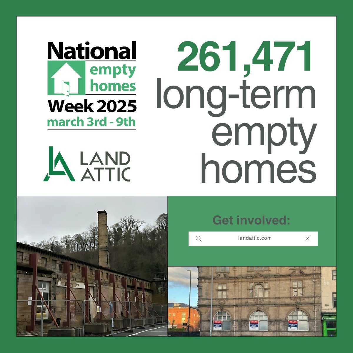 This National Empty Homes Week, let's address the 261,471 empty homes in the UK. Join Land Attic in revitalising them! #NationalEmptyHomesWeek #EmptyHomes #HousingCrisis #SustainableDevelopment