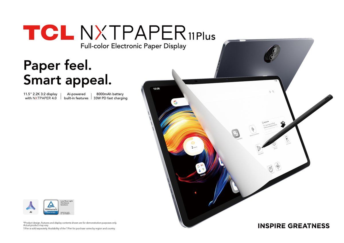 TCLMobileGlobal's tweet image. TCL NXTPAPER 11 Plus: An 11.5&quot; 2.2K full-color e-paper display, powered by an 8000mAh battery with 33W fast charging. NXTPAPER 4.0 makes it smarter and smoother for reading, sketching, or work.  
#TCLNXTPAPER11Plus #SmartTech #Innovation #InspireGreatness