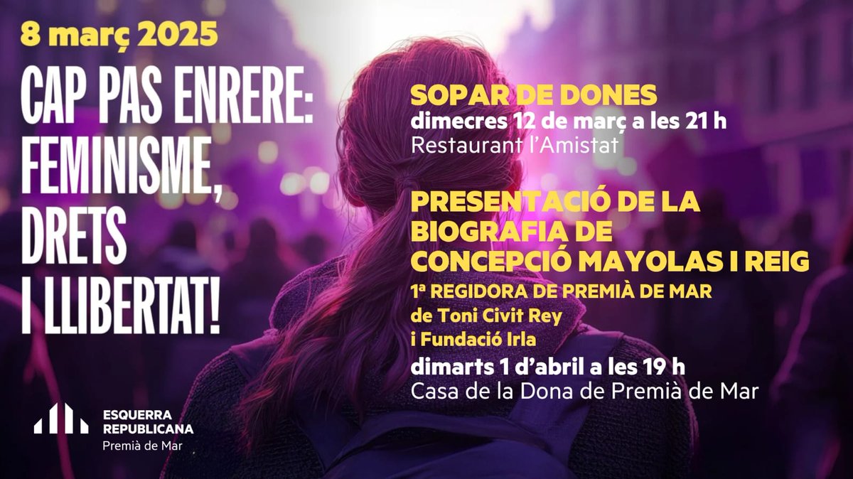Ja és aquí el 8 de març, Dia Internacional de les Dones.
Des d'ERC Premià de Mar, el 12 de març hem organitzat un sopar de dones republicanes i reivindicatives, pels nostres drets i llibertat‼️
El dia 1 d'abril La Fundació Irla presentarà a Premià de Mar...