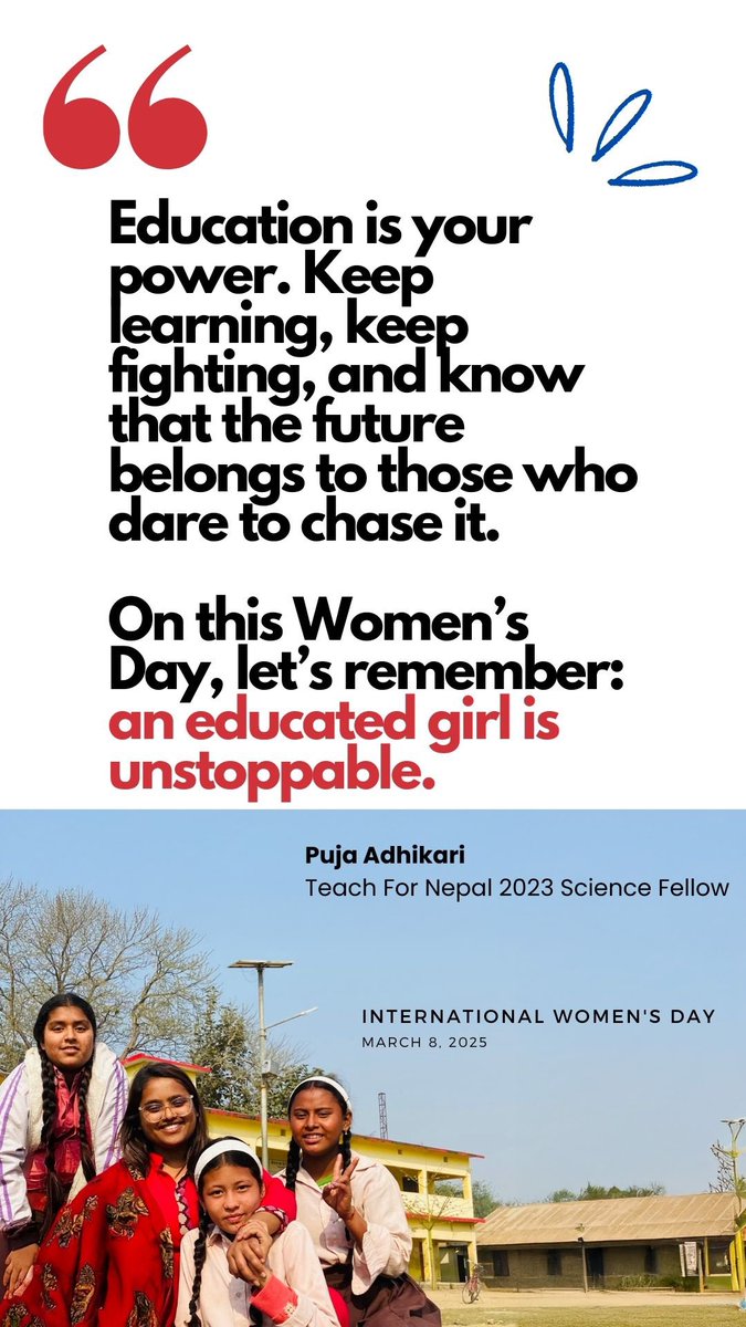 On this Women’s Day, let’s remember: an educated girl is unstoppable. - Puja 

Full story: teachfornepal.org/bulletin/2025/…

#womensday #TeachForNepal #support #10Kfor10K