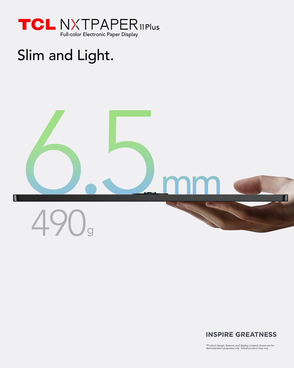 TCLMobileGlobal's tweet image. TCL NXTPAPER 11 Plus: 6.5mm thin, 490g light, with a vibrant, eye-friendly e-paper display. Perfect for work, creativity, or relaxation.  
#TCL #TCLNXTPAPER11Plus #SlimAndLight #InspireGreatness