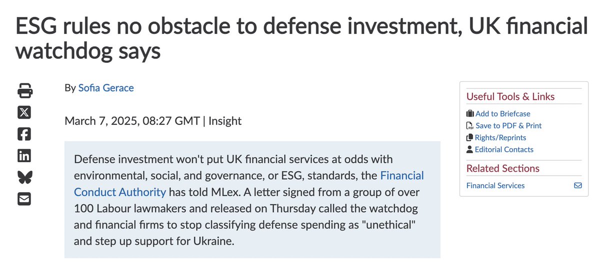 Kait Bolongaro (@kbolongaro) on Twitter photo Exclusive: Defense investment won't put 🇬🇧 financial services at odds with #ESG standards, <a href="/TheFCA/">Financial Conduct Authority</a> told <a href="/sof_gi/">sofia gerace</a> 🌍
More for <a href="/mlexclusive/">MLex</a> readers 👇
#finance #green #news
mlex.com/mlex/financial… Exclusive: Defense investment won't put 🇬🇧 financial services at odds with #ESG standards, <a href="/TheFCA/">Financial Conduct Authority</a> told <a href="/sof_gi/">sofia gerace</a> 🌍
More for <a href="/mlexclusive/">MLex</a> readers 👇
#finance #green #news
mlex.com/mlex/financial…
