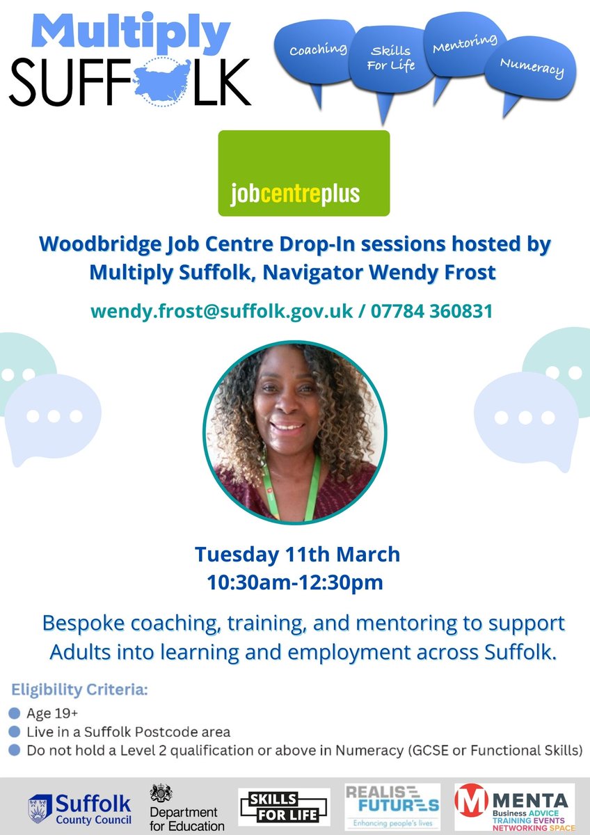 Multiply Suffolk (@multiplysuffolk) on Twitter photo Wendy will be at the Woodbridge Job Centre, 10.30am-12.30pm, speaking to customers who would like to gain support with money management, budgeting and job-related numeracy. Speak to your work coach to find out more! #Multiply #MultiplySuffolk #SkillsforLife
<a href="/DWP_EastAnglia/">JCP East Anglia DM</a> Wendy will be at the Woodbridge Job Centre, 10.30am-12.30pm, speaking to customers who would like to gain support with money management, budgeting and job-related numeracy. Speak to your work coach to find out more! #Multiply #MultiplySuffolk #SkillsforLife
<a href="/DWP_EastAnglia/">JCP East Anglia DM</a>