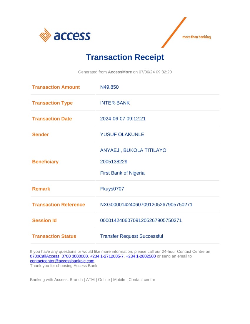 Fkuys's tweet photo. @myaccessbank I am writing to bring to your attention a matter that has caused me considerable distress and concern regarding an erroneous transfer that I made on July 6, 2024. The amount of NGN 49,850 was inadvertently sent to the account of Anyaeji Bukola Titilayo at First Bank https://t.co/iopNnEV7QO