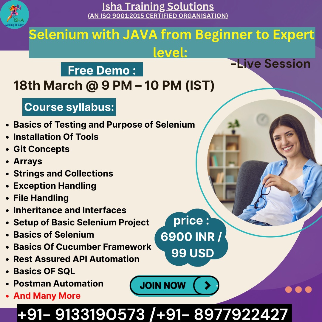 IshaKumargupta's tweet image. Isha Training Solutions presents "Selenium with JAVA from Beginner to Expert"-Live Training.
Free Demo on:
18th March @ 9 PM (IST)
you can register by joining the below Link
docs.google.com/forms/d/e/1FAI…
pls call/WhatsApp @+91-9133190573
#Selenium #SeleniumWebDriver #SeleniumJava #Test