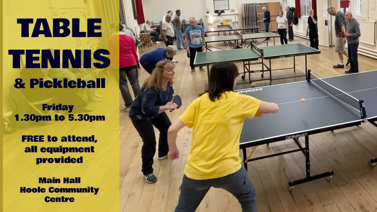 HooleCommunityCentre (@hoolecomcen) on Twitter photo FREE 🏓 table tennis continues this afternoon, from 1:30pm to 5:30pm. All abilities and ages welcome. Coffee/tea is provided & cake on occasion is consumed but not promised! <a href="/ShitChester/">12 years of Shitchester</a> #hoole #community #exercise #social FREE 🏓 table tennis continues this afternoon, from 1:30pm to 5:30pm. All abilities and ages welcome. Coffee/tea is provided & cake on occasion is consumed but not promised! <a href="/ShitChester/">12 years of Shitchester</a> #hoole #community #exercise #social