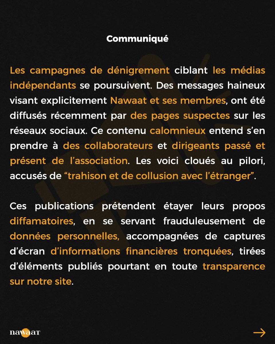 nawaat's tweet photo. 📣 #Communiqué:
✅ En réponse aux calomnies et à la diffamation visant Nawaat et son ��quipe.
🔗 👉: https://t.co/8BaaqoPBzY
#Tunisie #media https://t.co/RbM7yET2cQ