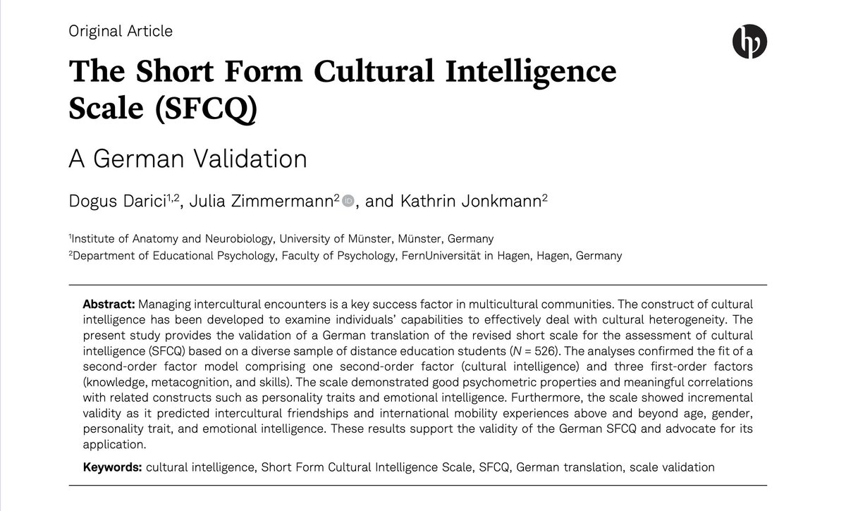 ✨ New in PTAD!
🌍 Darici et al. validated the German Short Form Cultural Intelligence Scale, confirming a second-order factor structure and its predictive validity for intercultural experiences.
🔗 doi.org/10.1027/2698-1…
<a href="/EAPA_Science/">European Association of Psychological Assessment</a>