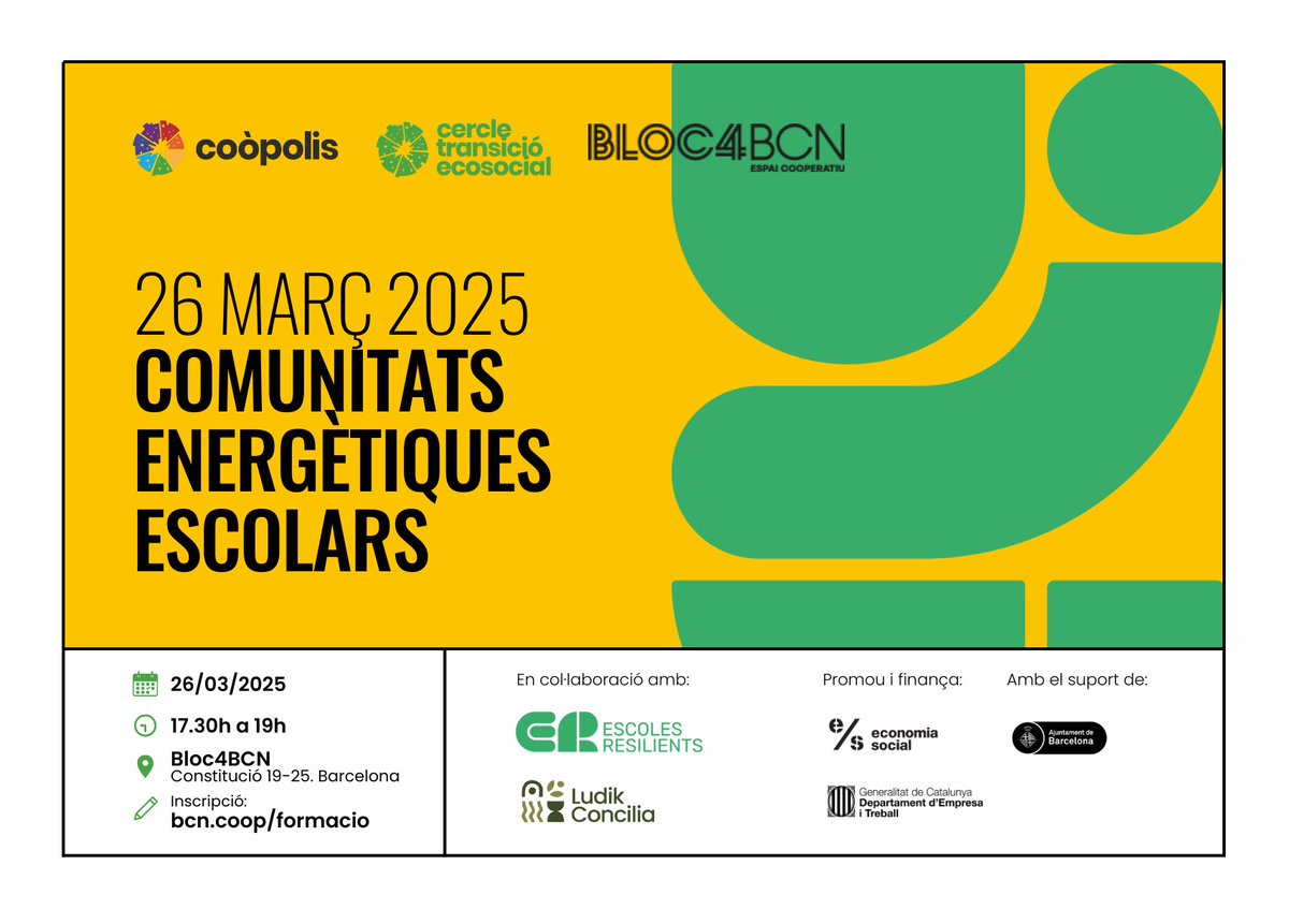 🟢Vols saber com les escoles poden ser motors de canvi energètic? Descobreix les Comunitats Energètiques Escolars! 💡

T'esperem a la sessió del 26/03 al <a href="/Bloc4BCN/">Bloc4BCN - Espai cooperatiu</a> 
Vine amb el teu infant! Hi haurà un espai de joc i cures 🌱

Inscripcions 👇
bcn.coop/agenda/comunit…