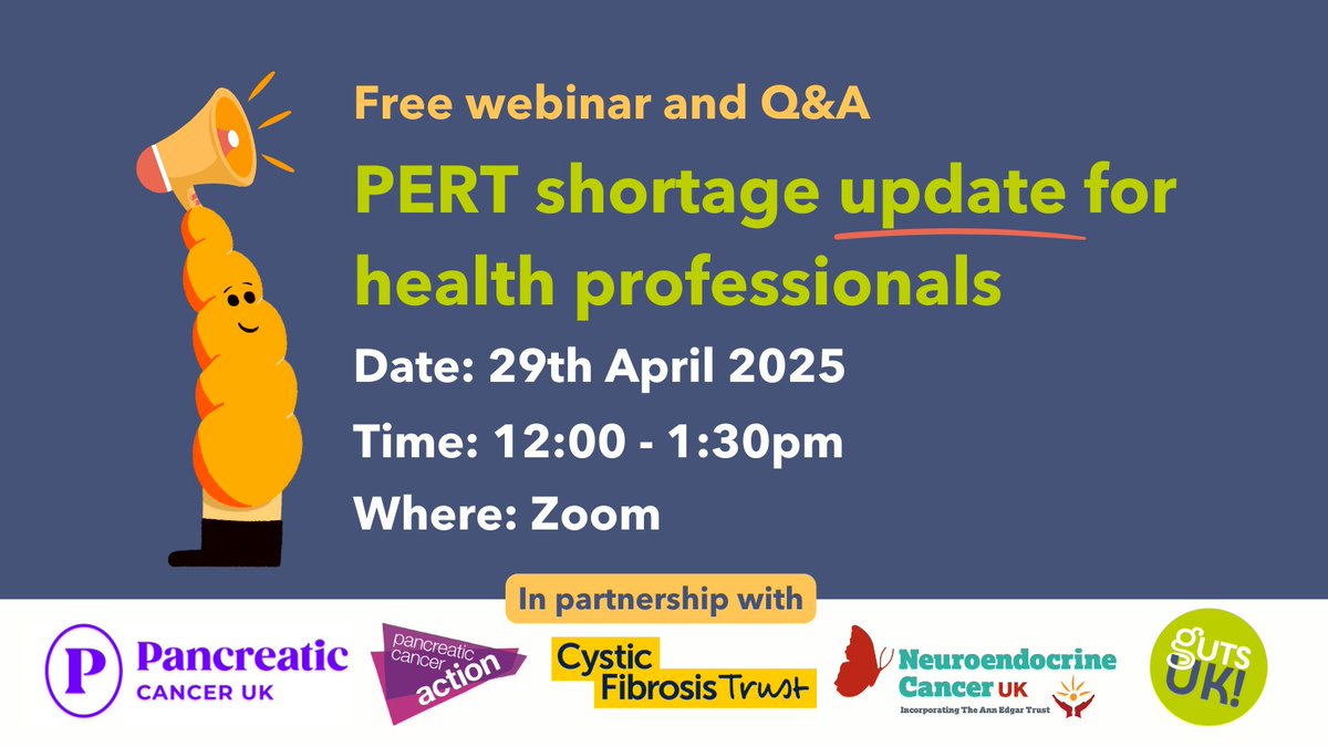 Guts UK Charity (@gutscharityuk) on Twitter photo 🚨 Attention healthcare professionals!
We’re joining forces with <a href="/PancreaticCanUK/">Pancreatic Cancer UK</a> and other charities on 29th April for a free lunchtime webinar on pancreatic enzyme replacement therapy (PERT) shortage updates.
Save your spot today: loom.ly/1VKnYC8 🚨 Attention healthcare professionals!
We’re joining forces with <a href="/PancreaticCanUK/">Pancreatic Cancer UK</a> and other charities on 29th April for a free lunchtime webinar on pancreatic enzyme replacement therapy (PERT) shortage updates.
Save your spot today: loom.ly/1VKnYC8