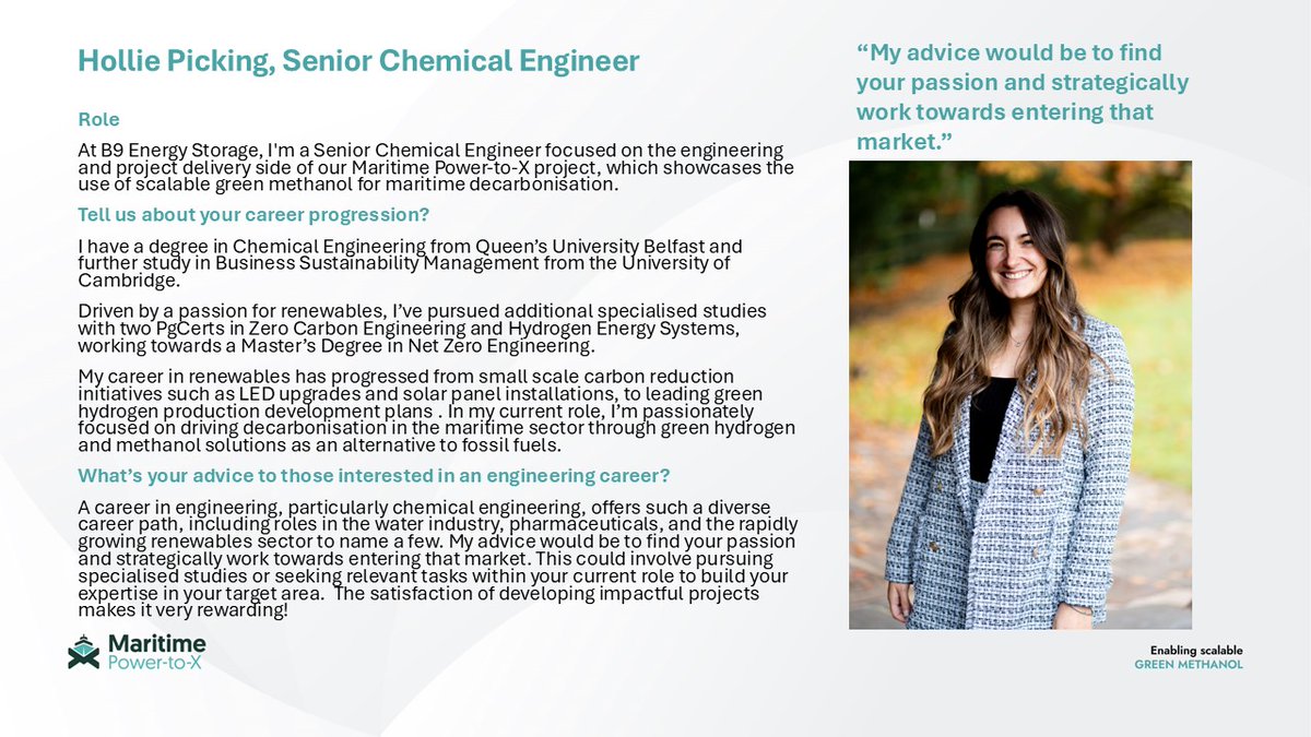 MaritimeP2X's tweet photo. 📢 This #NationalCareersWeek, explore exciting careers in renewable energy!

Projects like Maritime Power-to-X are driving zero-emission shipping and green fuels. 🚢

Hollie from our project team shares tips for those interested in a cleaner, sustainable future! 💡 https://t.co/Q5mwSBUcol