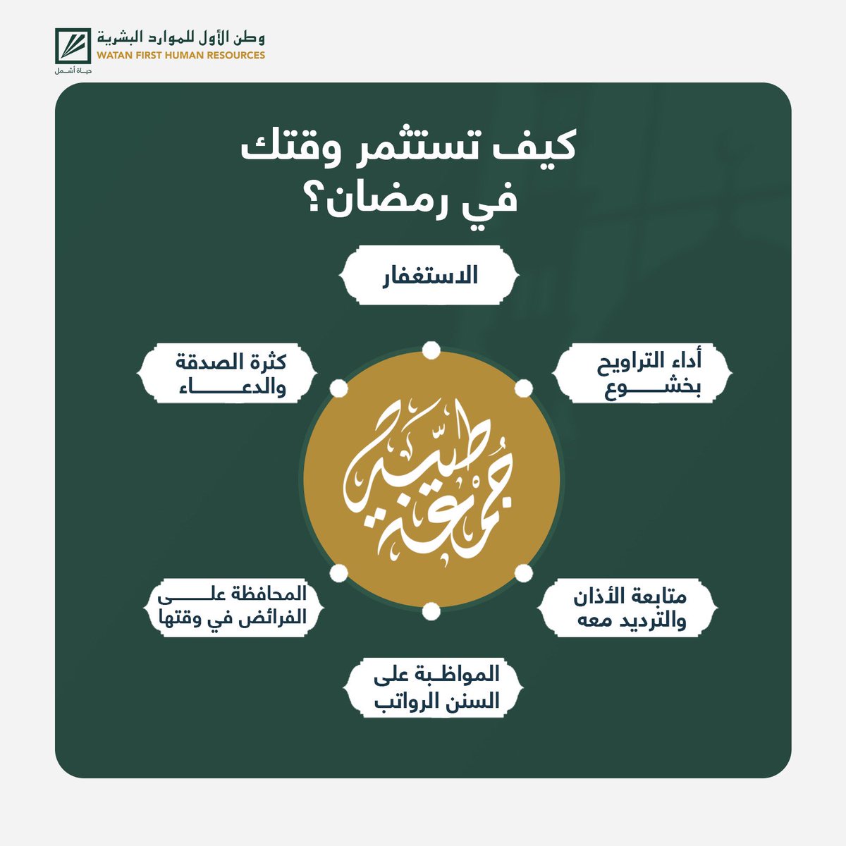 WatanFirstHR's tweet photo. جمعة طيبة 💚

#وطن_الأول_للموارد_البشرية
#يوم_الجمعة https://t.co/ZgbGniGaUE