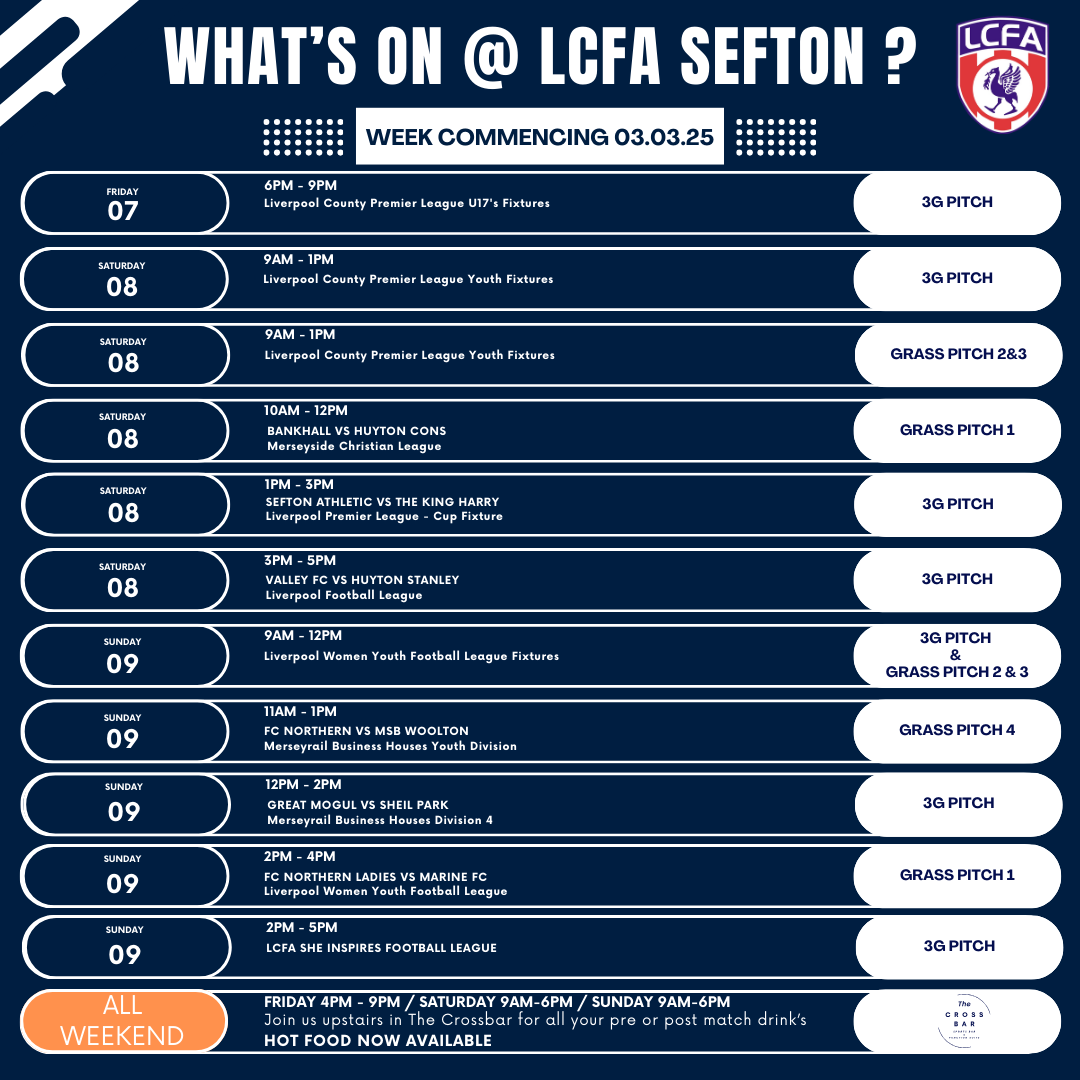 Live @ LCFA Sefton! ⚡️
🏆 Join us this weekend for some grassroots action⚽️Enjoy the game with a hot or cold drink☕️and some hot food &amp; snacks 🍫 all available from @thecrossbar_sefton 
See you there! 💥