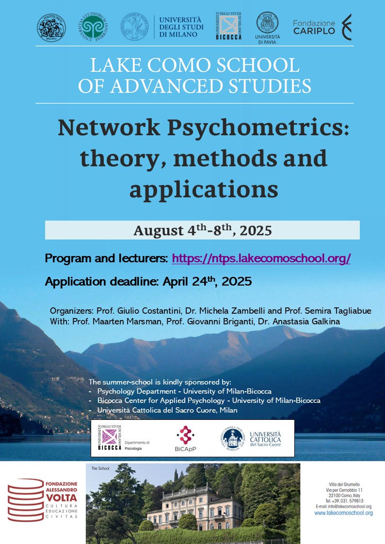 EJP (@ejpblog) on Twitter photo Lake Como? Network psychometrics? Is this a dream?
Join <a href="/GiulioCostanti5/">Giulio Costantini</a>, <a href="/mic_zambelli/">Michela Zambelli</a> and <a href="/SemiraTagliabue/">Semira Tagliabue</a> on August 4th - 8th 2025 to learn about theory, methods and applications of network psychometrics.
ntps.lakecomoschool.org Lake Como? Network psychometrics? Is this a dream?
Join <a href="/GiulioCostanti5/">Giulio Costantini</a>, <a href="/mic_zambelli/">Michela Zambelli</a> and <a href="/SemiraTagliabue/">Semira Tagliabue</a> on August 4th - 8th 2025 to learn about theory, methods and applications of network psychometrics.
ntps.lakecomoschool.org