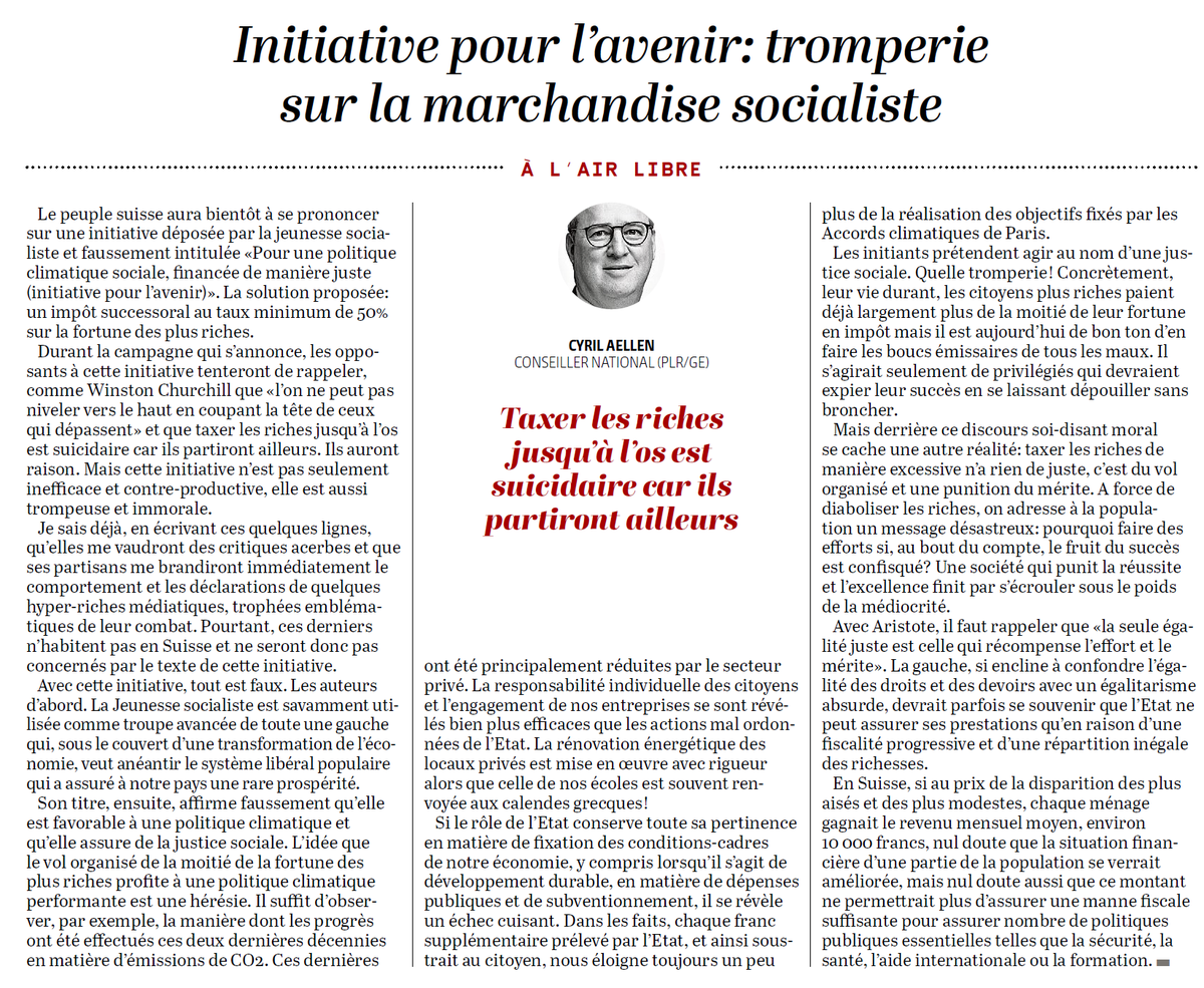 🚨Initiative "pour l’avenir" : un risque pour la prospérité.
La CCIG  met en garde contre cette initiative qui prévoit un impôt successoral de 50 %, menaçant investissement et innovation. 
Une fiscalité excessive fragiliserait l'économie.
🗞️ Analyse de <a href="/CyrilAellen/">Cyril Aellen</a> dans <a href="/LeTemps/">Le Temps</a>